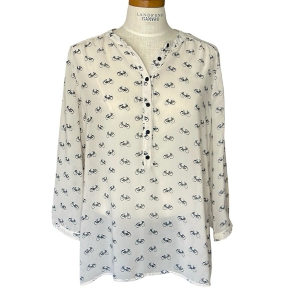 Banana Republic Semi Sheer Ivory Bicycle Print Button V Neck Pullover Blouse SzL